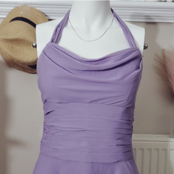 Jasmine Boutique- Lilac Halter Ruched Flowy Midi Mesh Dress - Picture 14 of 16